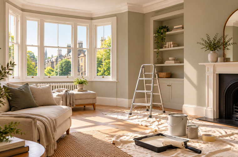 Beautifully decorated living room with painting equipment ready for finishing touches